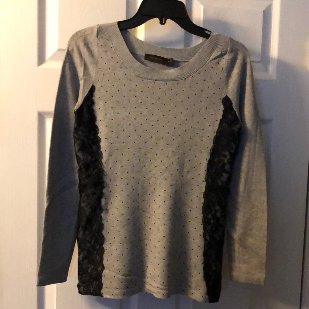 Like New Grey Polka Dot/Black Lace Sweater